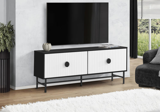 Tv Stand, 60 Inch, Console, Media Entertainment Center, Storage Cabinet, Living Room, Bedroom, Black And White Laminate, Black Metal, Contemporary, Modern