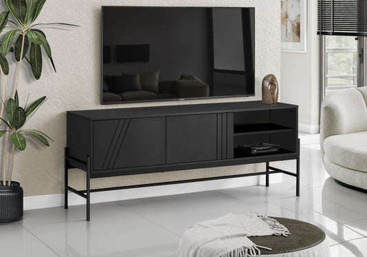 Tv Stand, 60 Inch, Console, Media Entertainment Center, Storage Cabinet, Living Room, Bedroom, Black Laminate, Black Metal, Contemporary, Modern