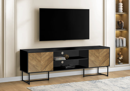 Tv Stand, 72 Inch, Console, Media Entertainment Center, Storage Cabinet, Living Room, Bedroom, Brown And Black Laminate, Black Metal, Contemporary, Modern