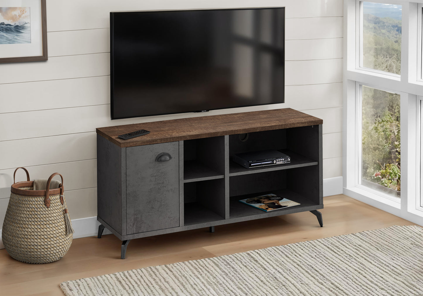 Tv Stand, 48 Inch, Console, Media Entertainment Center, Storage Cabinet, Living Room, Bedroom, Brown And Grey Laminate, Grey Metal, Contemporary, Modern