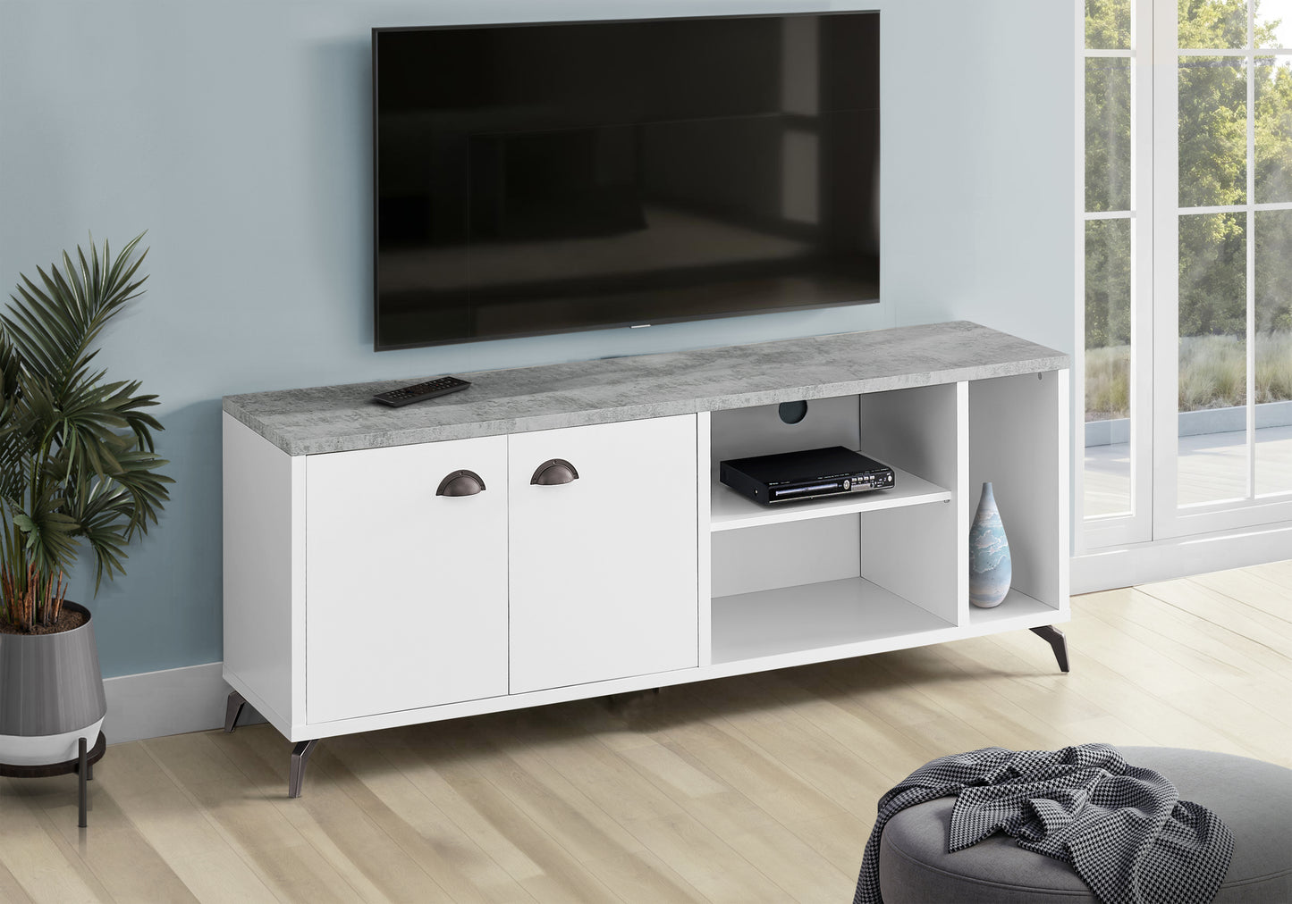 Tv Stand, 60 Inch, Console, Media Entertainment Center, Storage Cabinet, Living Room, Bedroom, White And Grey Laminate, Black Metal, Contemporary, Modern