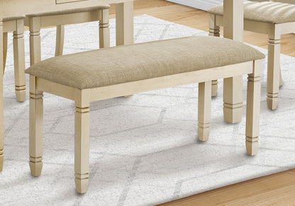 Bench, 41" Rectangular, Kitchen, Dining Room, Entryway, Bedroom, Upholstered, Wood, Antique White Solid Wood, Beige Linen-look Fabric, Transitional