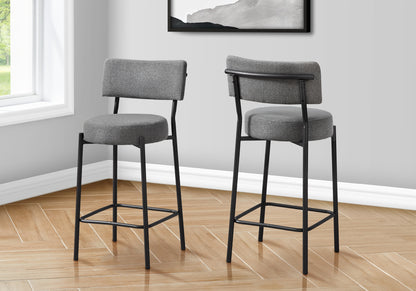 Barstool, Counter Height, Set Of 2, Kitchen, Grey Fabric, Black Metal, Contemporary, Modern