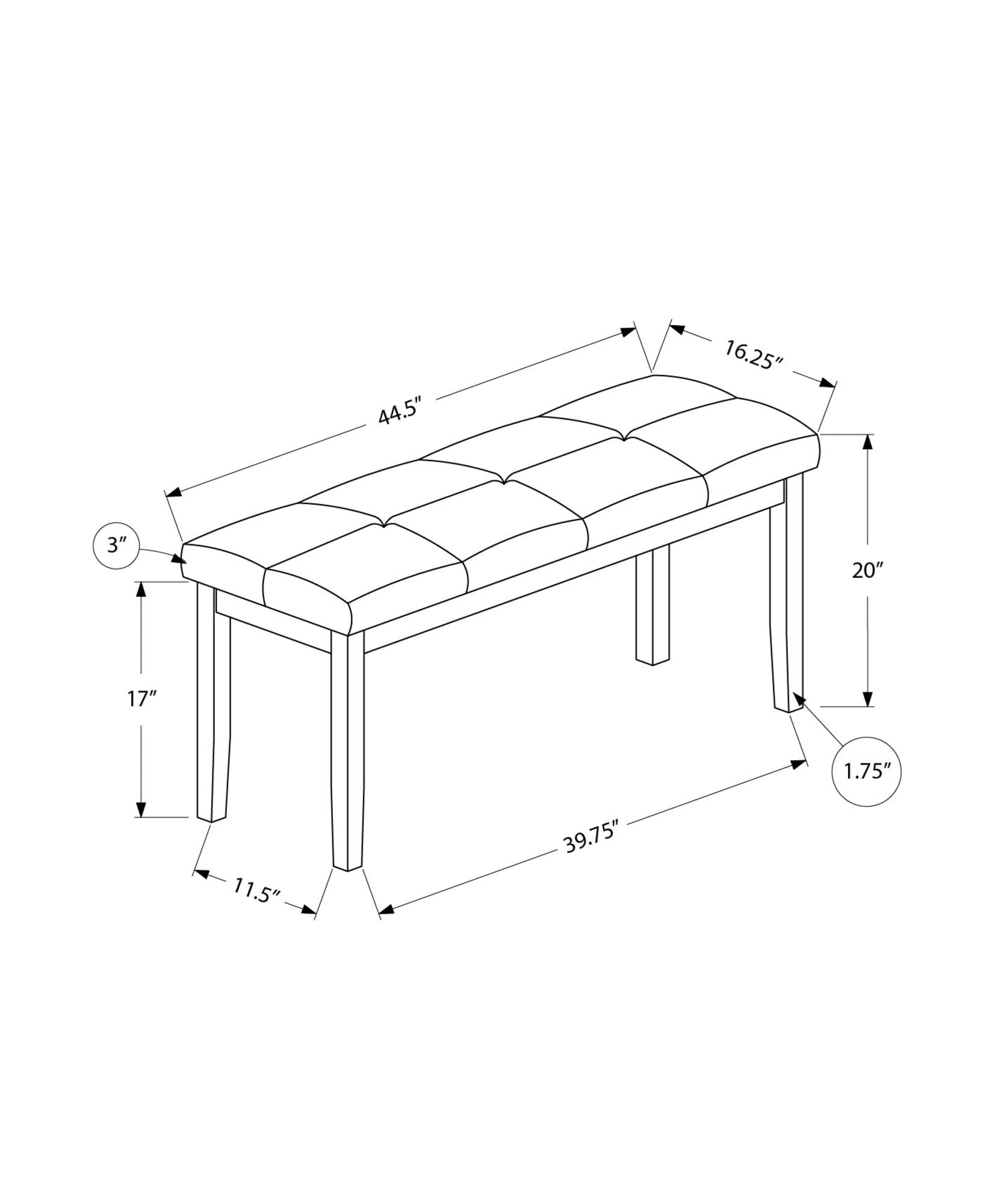 44" Brown Rectangular Upholstered Dining Bench