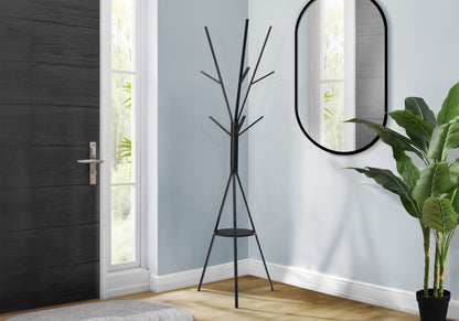 Coat Rack, 72"h, Bedroom, Entryway, Hall Tree, 6 Hooks, Black Metal, Contemporary, Modern
