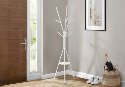 Coat Rack, 72"h, Bedroom, Entryway, Hall Tree, 6 Hooks, White Metal, Contemporary, Modern