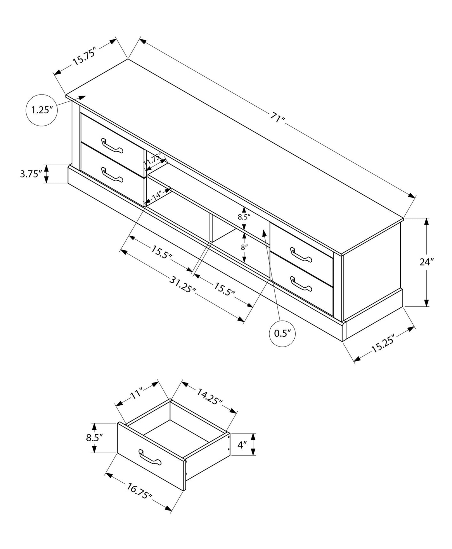 72 Inch Brown TV Stand with Storage Drawers