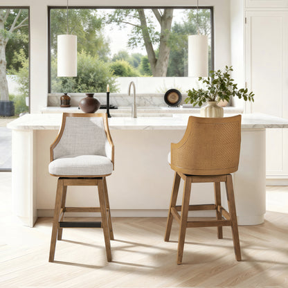 Bahama 30" Cane Rattan High-Back Swivel Bar Stool with Recessed Arms, Two-Tone Neutral Gray Polyester Wool Blend