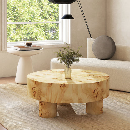 Nebula 35.5" Round Pillar Leg Coffee Table Warm Natural Brown Burl Wood