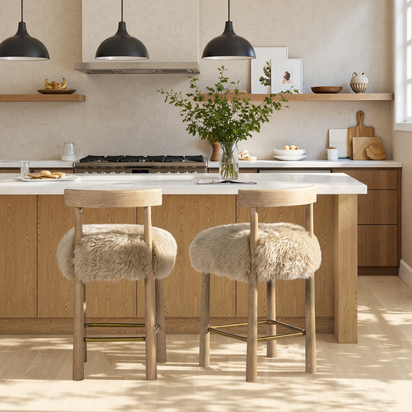 Natural Fur Bar Stool - Counter Height - 20" x 19" x 37"