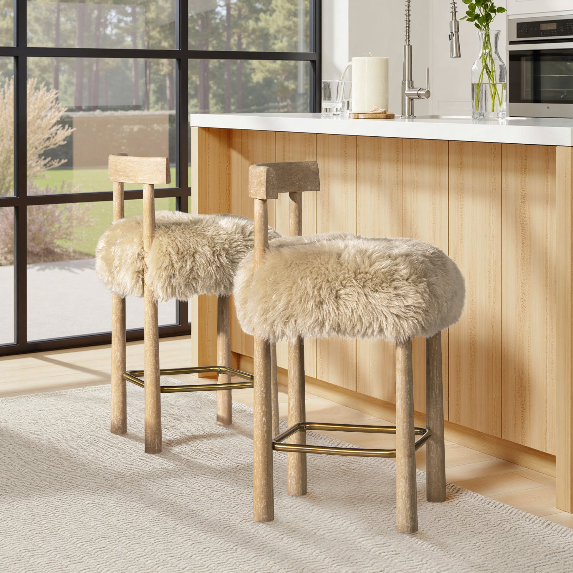 Natural Fur Bar Stool - Counter Height - 20" x 19" x 37"