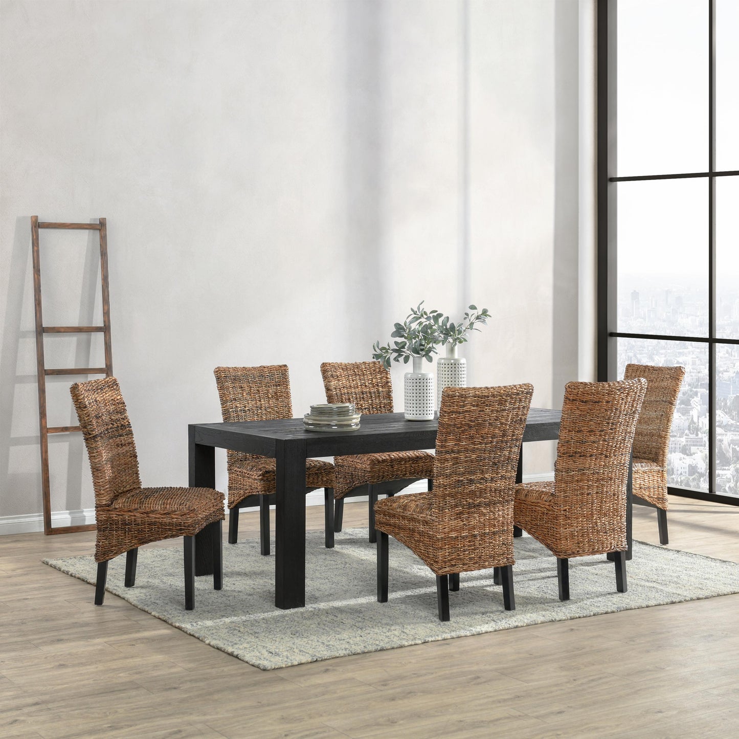 Rustic Wood Rattan Dining Chairs Set of 2 for Kitchen