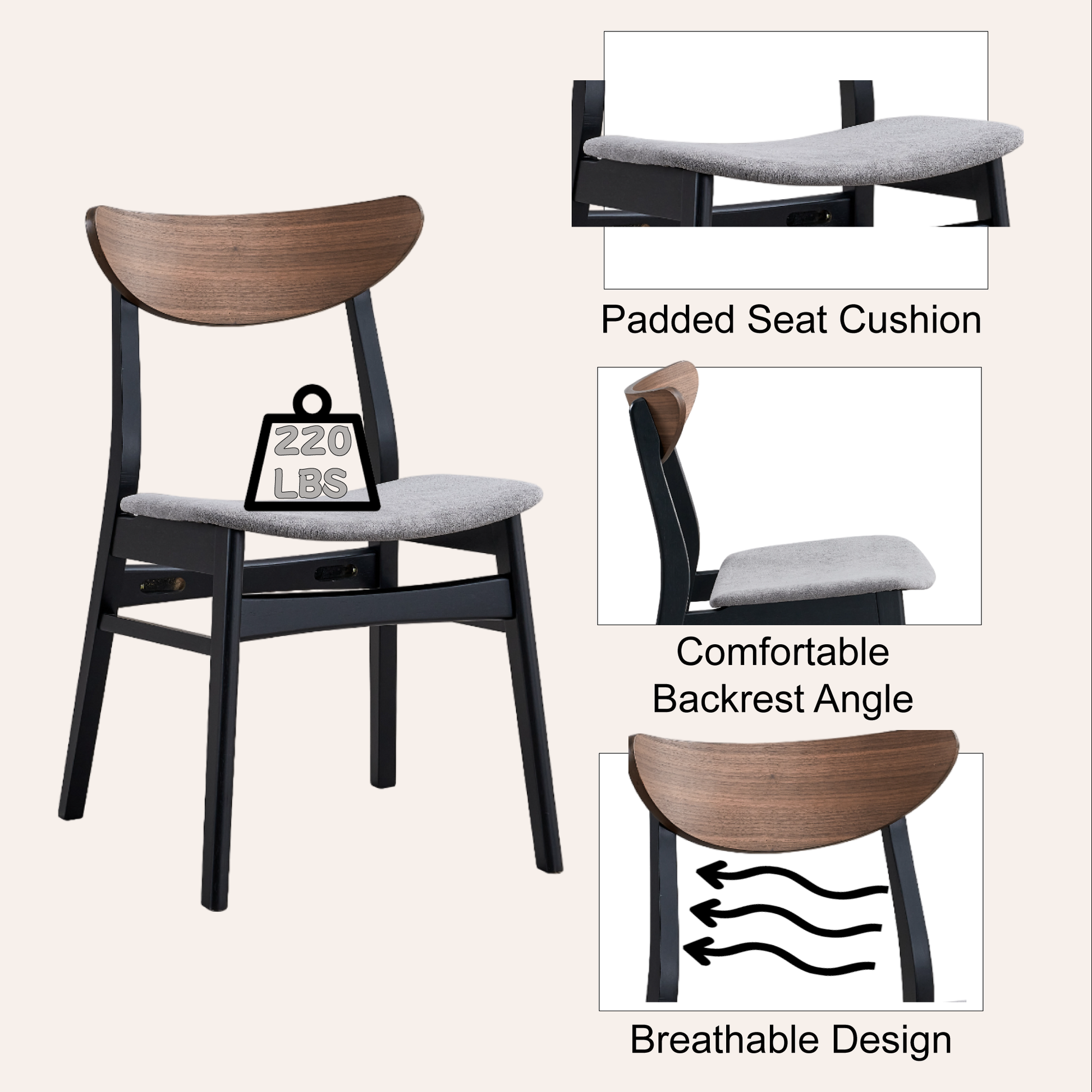Rebi Side Chair Set - Gray Linen, Walnut & Black Dining Chairs (2) for Dining Room