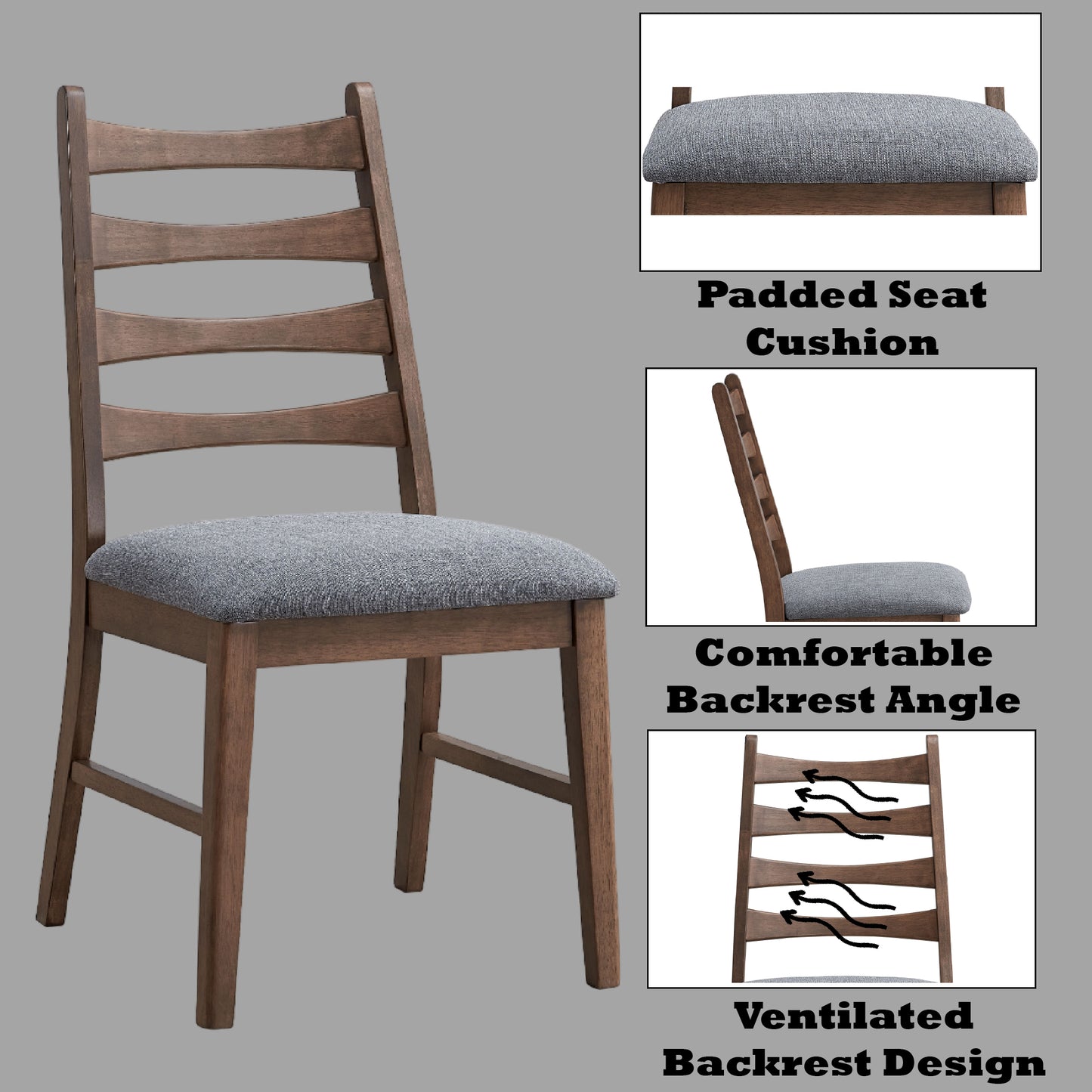 Dark Gray Walnut Linen Dining Chairs Set for Kitchen and Dining Rooms