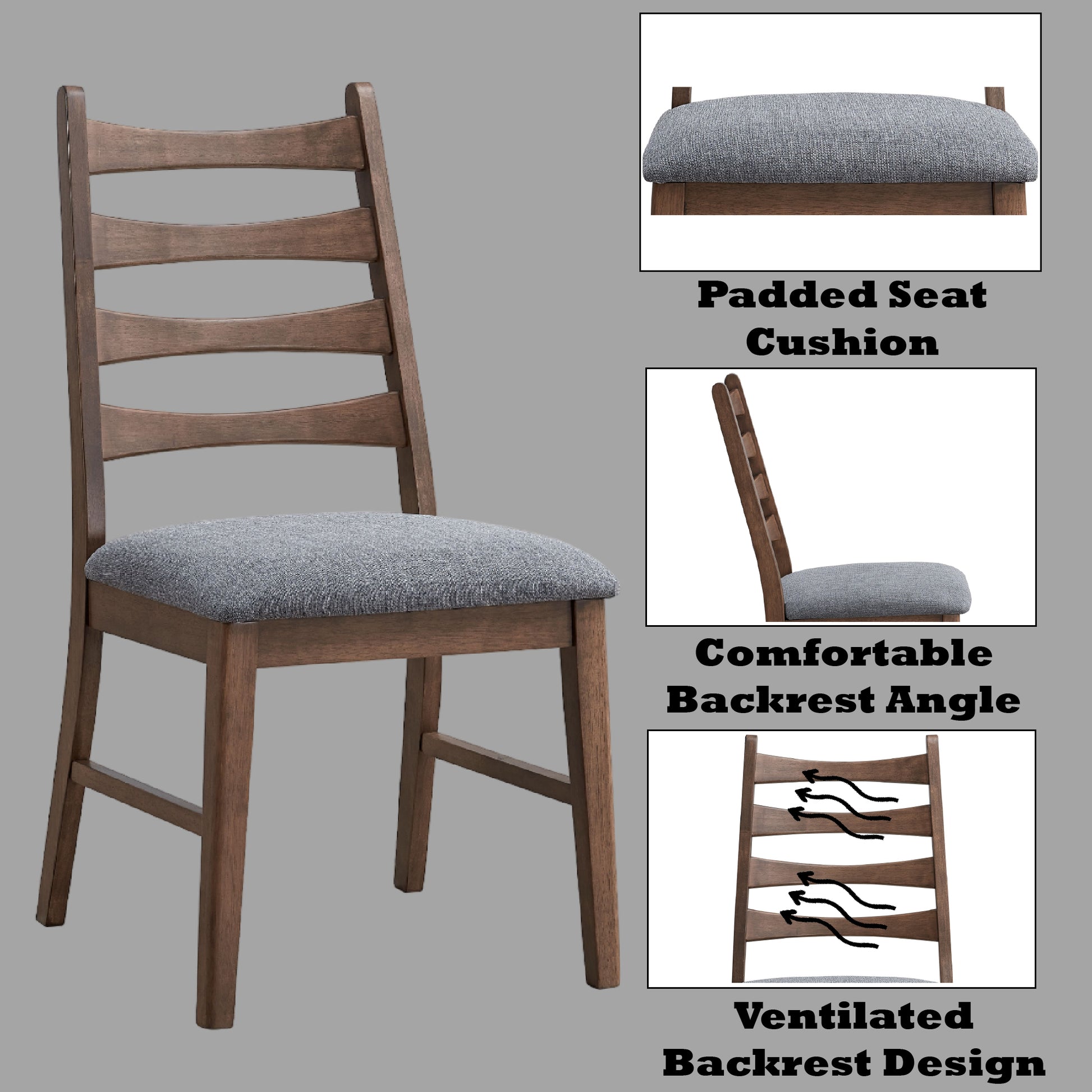 Dark Gray Walnut Linen Dining Chairs Set for Kitchen and Dining Rooms