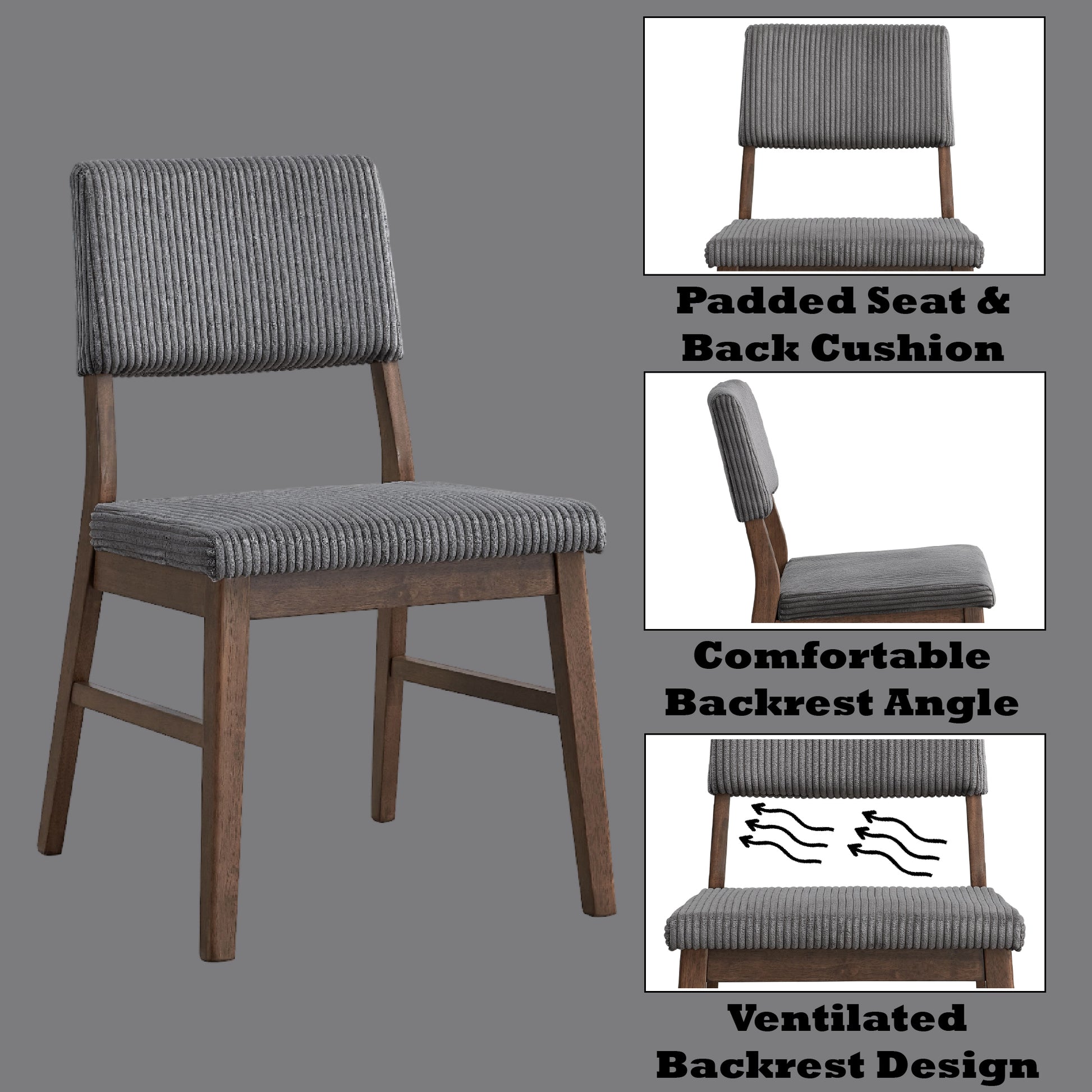 Gray Corduroy & Walnut Side Chair - Set of 2 Dining Chairs for Dining Room