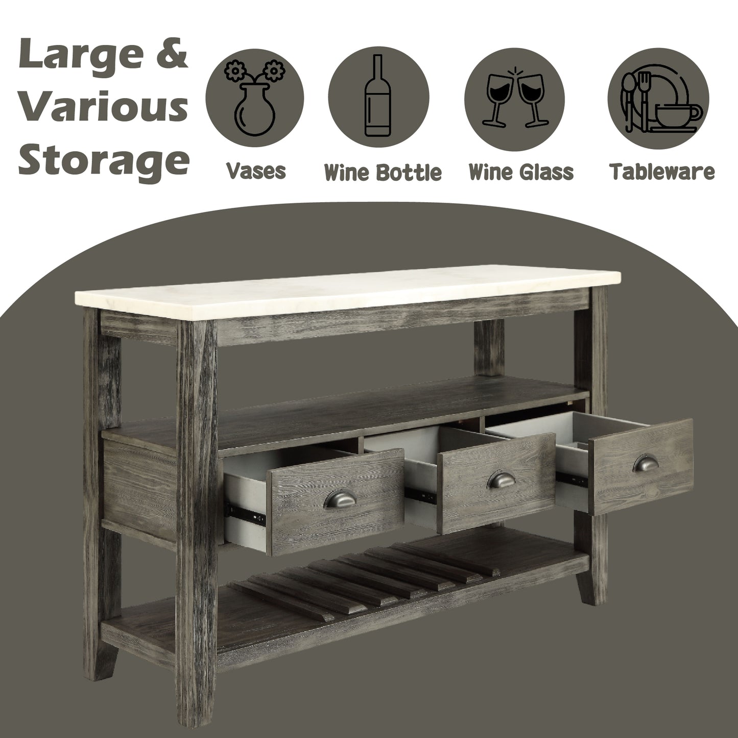 Gray White Marble Dining Server Table with Storage