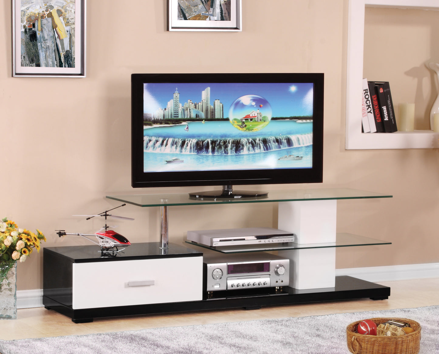 Ivana White & Black TV Stand - 60" Max, Storage Shelves