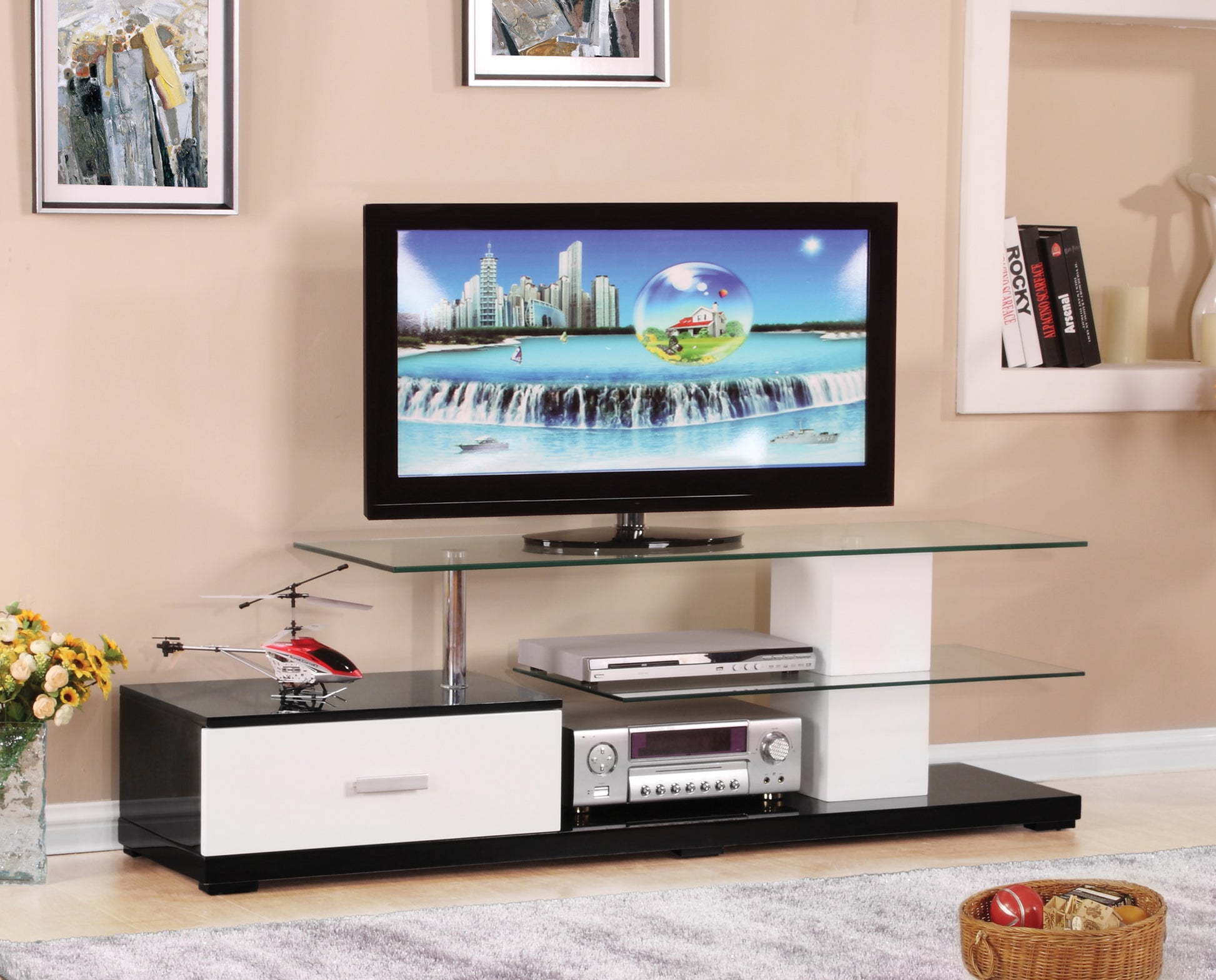 Ivana White & Black TV Stand - 60" Max, Storage Shelves