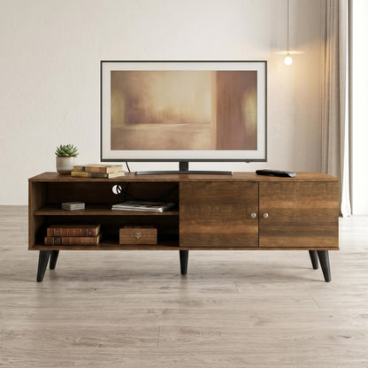 Brown Wood TV Stand with Storage Shelves & Cabinet for Living Room