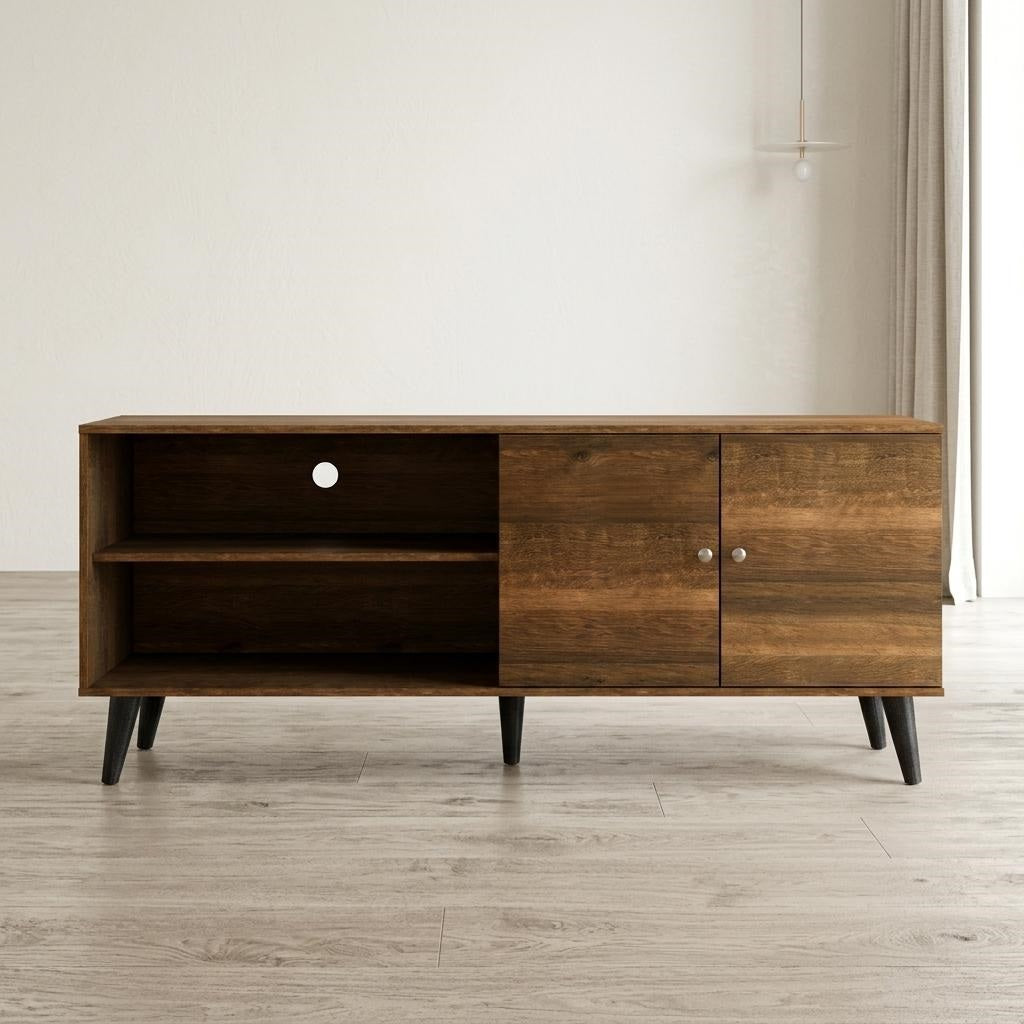 Brown Wood TV Stand with Storage Shelves & Cabinet for Living Room