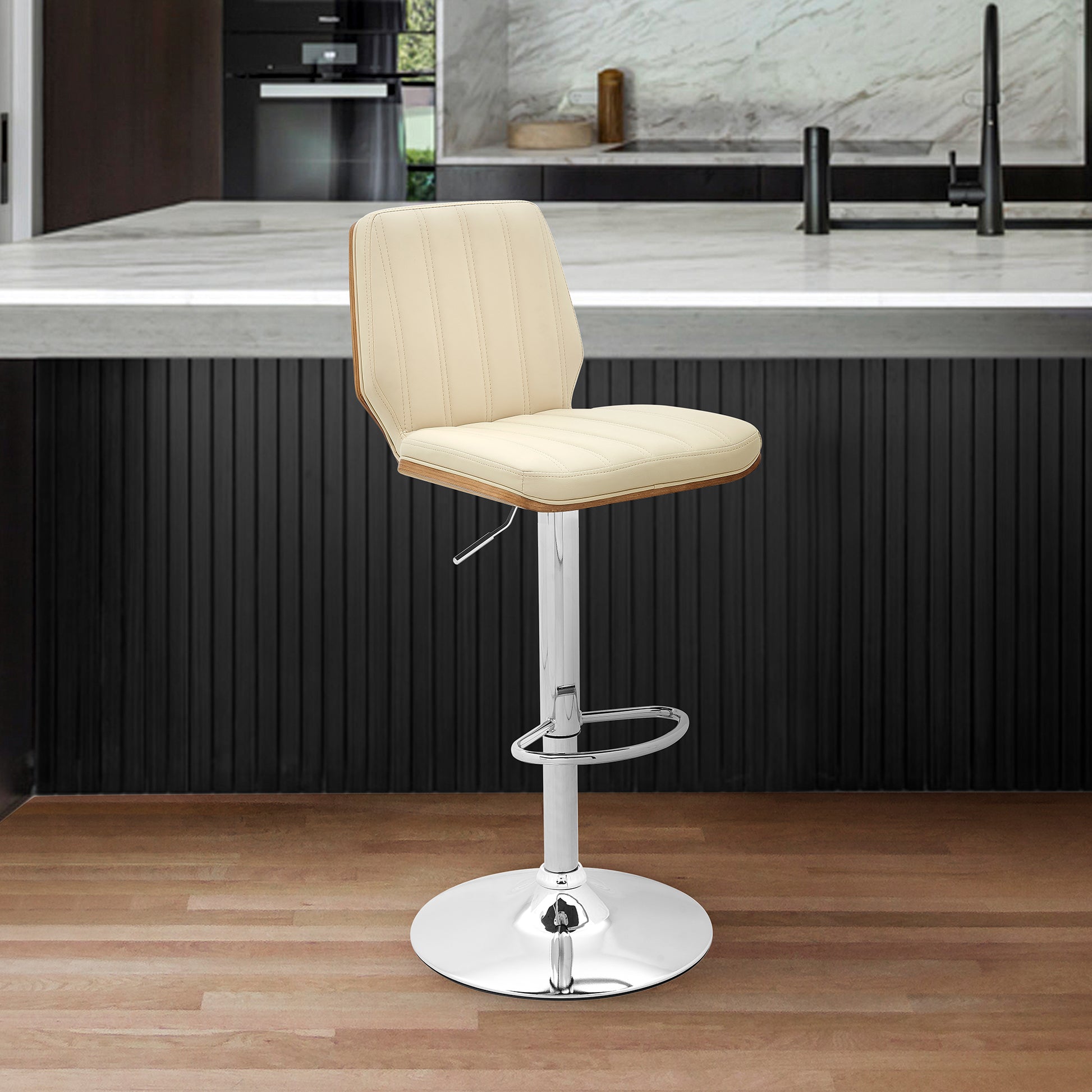 Glinne Adjustable Swivel Cream Faux Leather with Walnut Back and Chrome Bar Stool