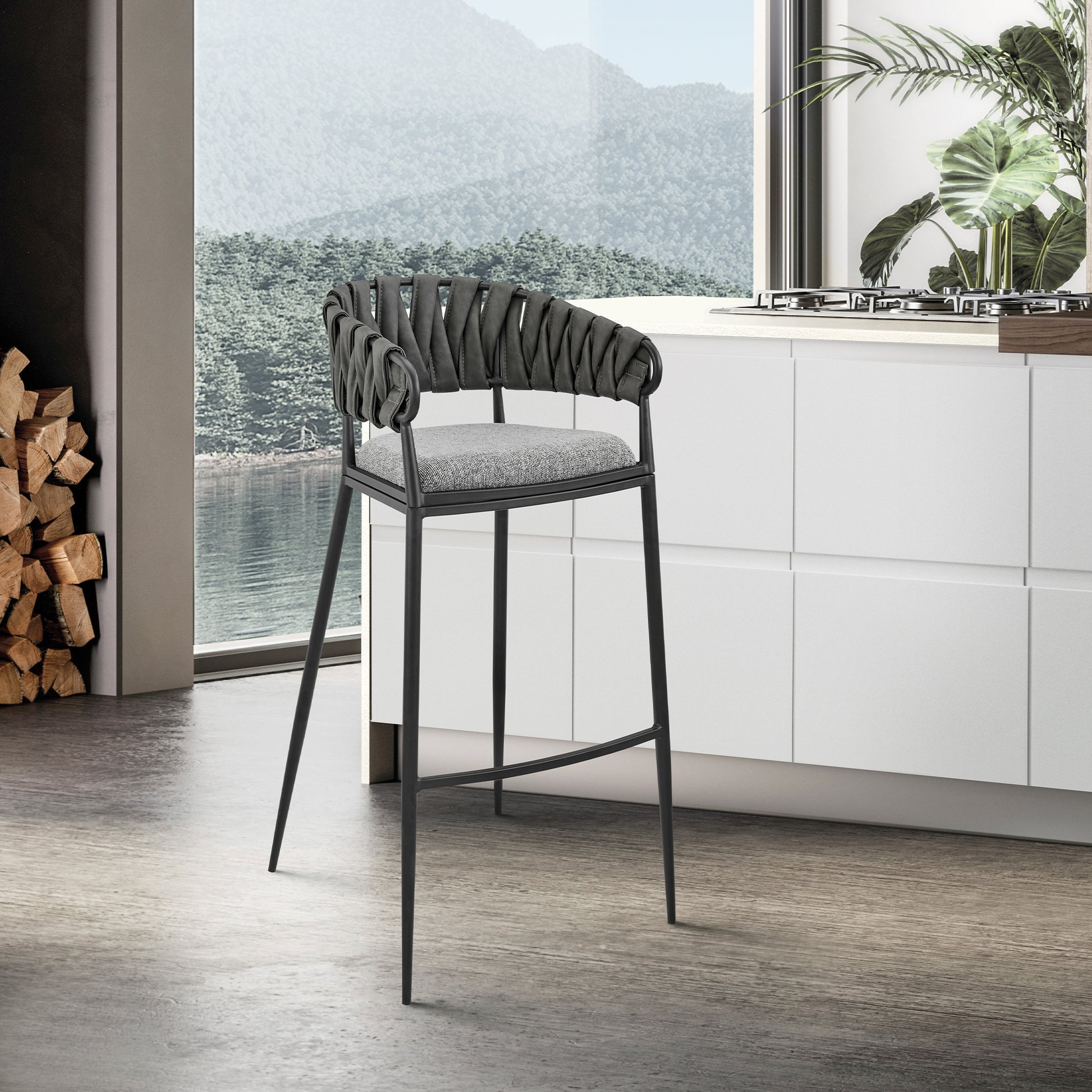 Gray Iron Bar Stool for Kitchen Dining Room with Faux Leather Seat