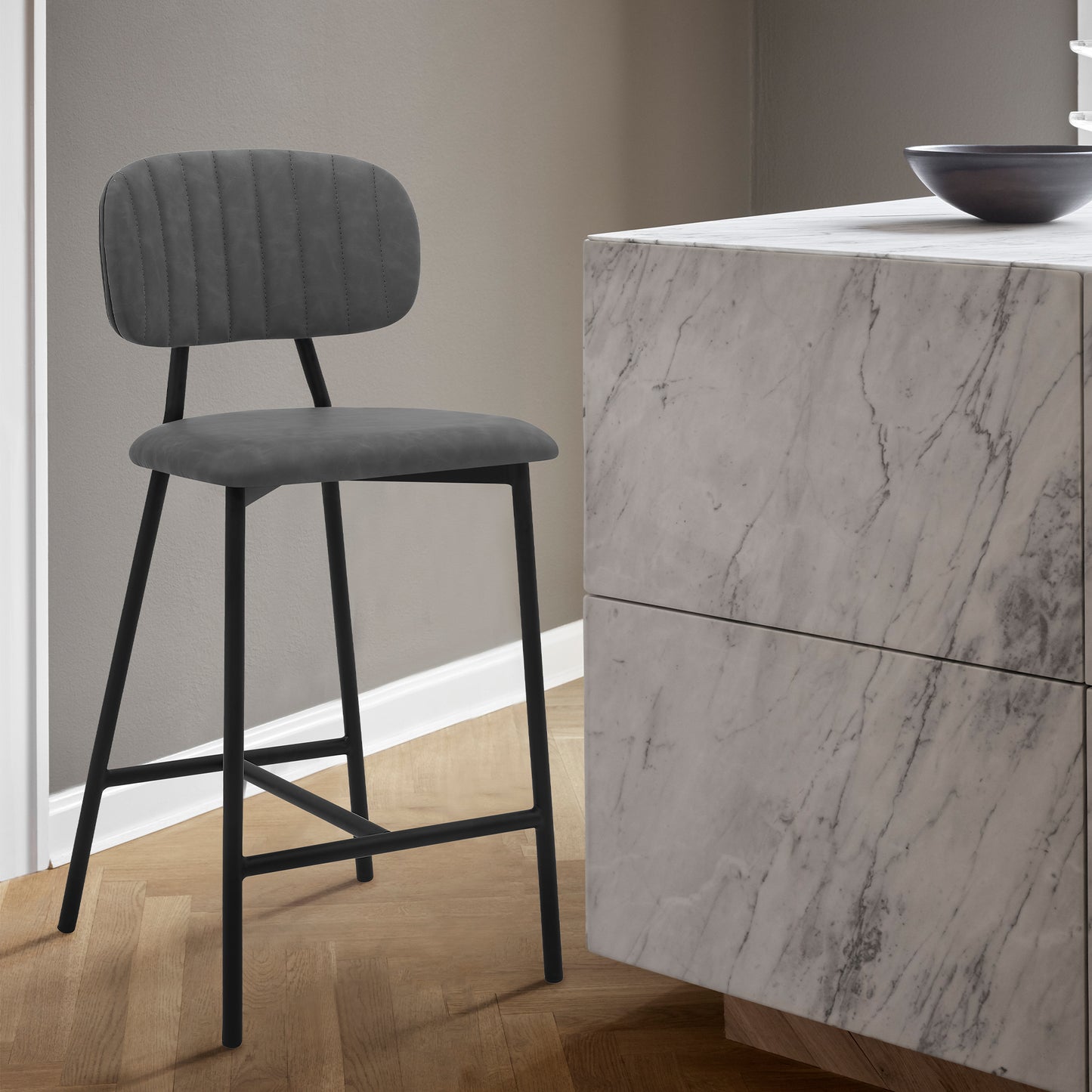 Othene 26" Gray Faux Leather and Metal Counter Height Bar Stool