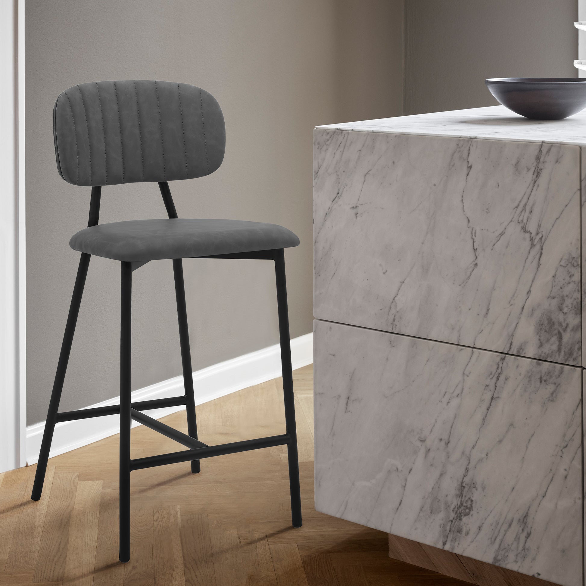 Othene 26" Gray Faux Leather and Metal Counter Height Bar Stool