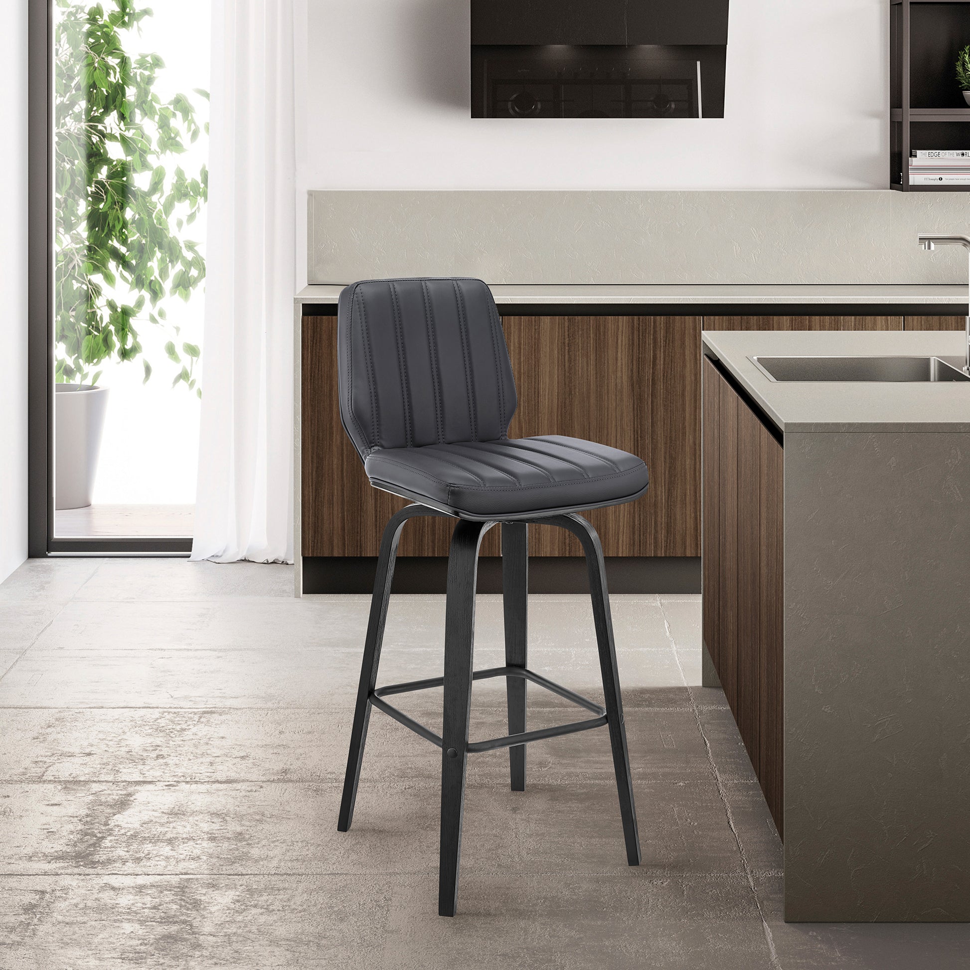 Quorin 26" Swivel Gray Faux Leather and Black Wood Bar Stool