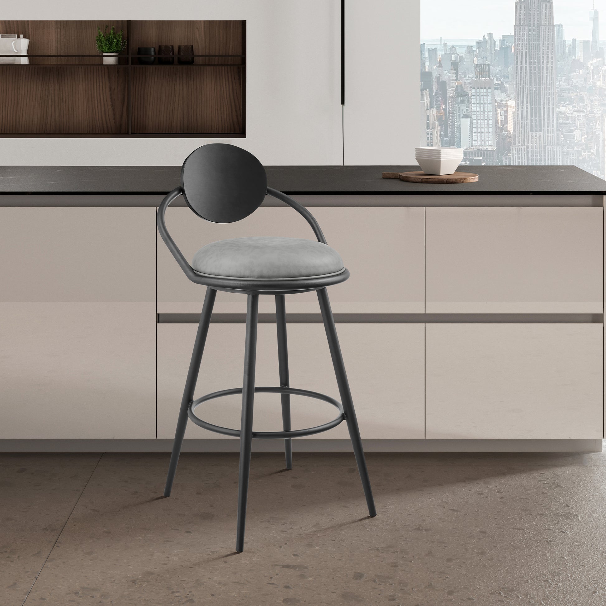 Carnation 30" Swivel Bar Stool in Black Iron with Vintage Gray Faux Leather and Black Wood Back
