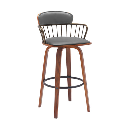 Gray Swivel Bar Stool with Walnut Wood and Bronze Metal Finish