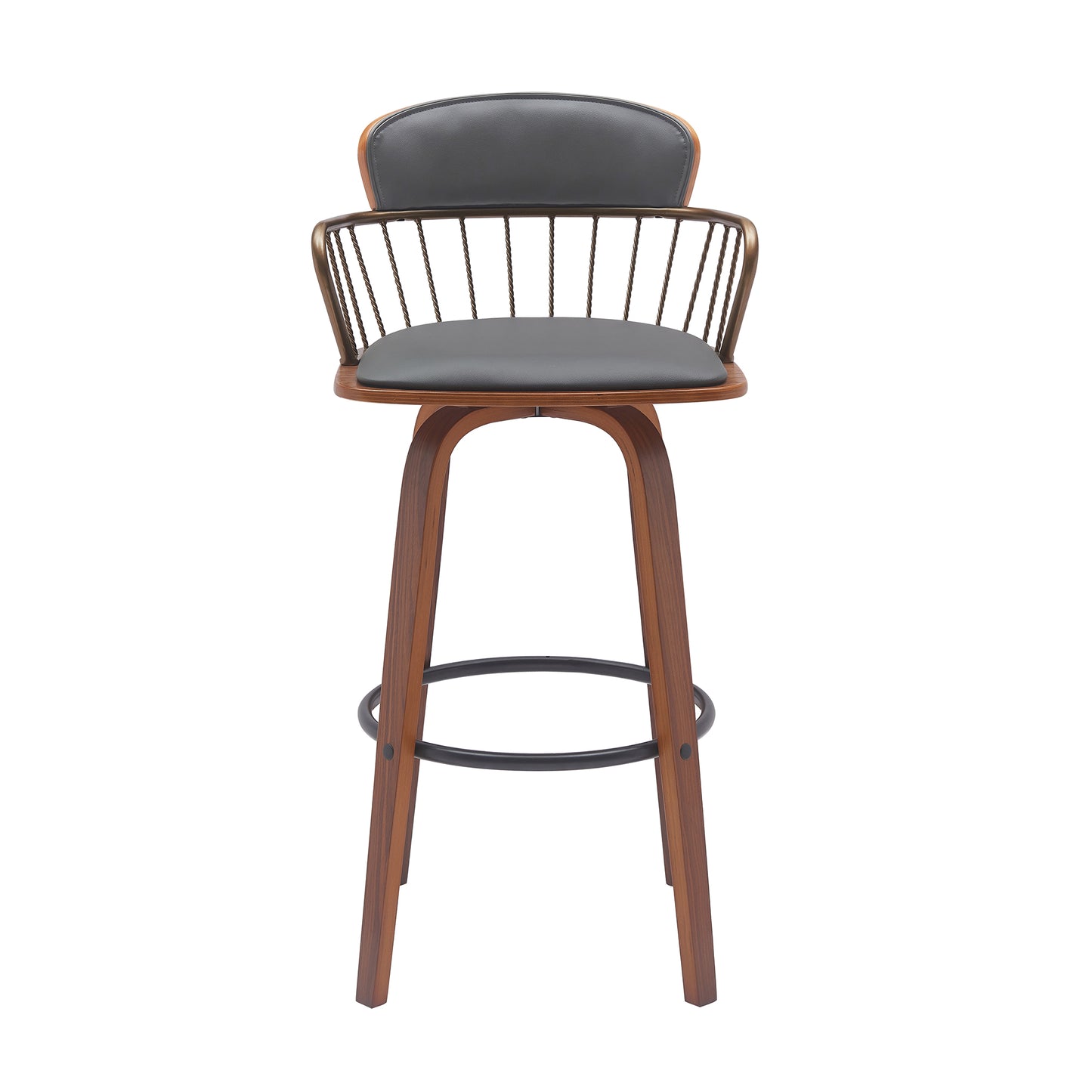 Gray Swivel Bar Stool with Walnut Wood and Bronze Metal Finish
