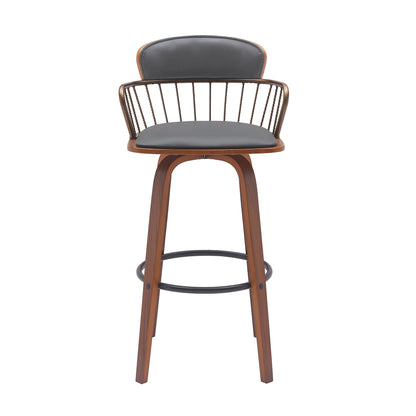 Gray Swivel Bar Stool with Walnut Wood and Bronze Metal Finish
