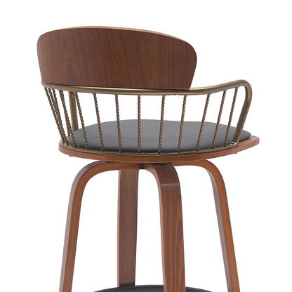 Gray Swivel Bar Stool with Walnut Wood and Bronze Metal Finish