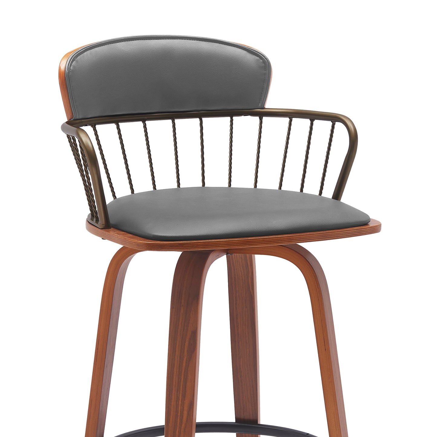 Gray Swivel Bar Stool with Walnut Wood and Bronze Metal Finish