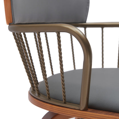 Gray Swivel Bar Stool with Walnut Wood and Bronze Metal Finish