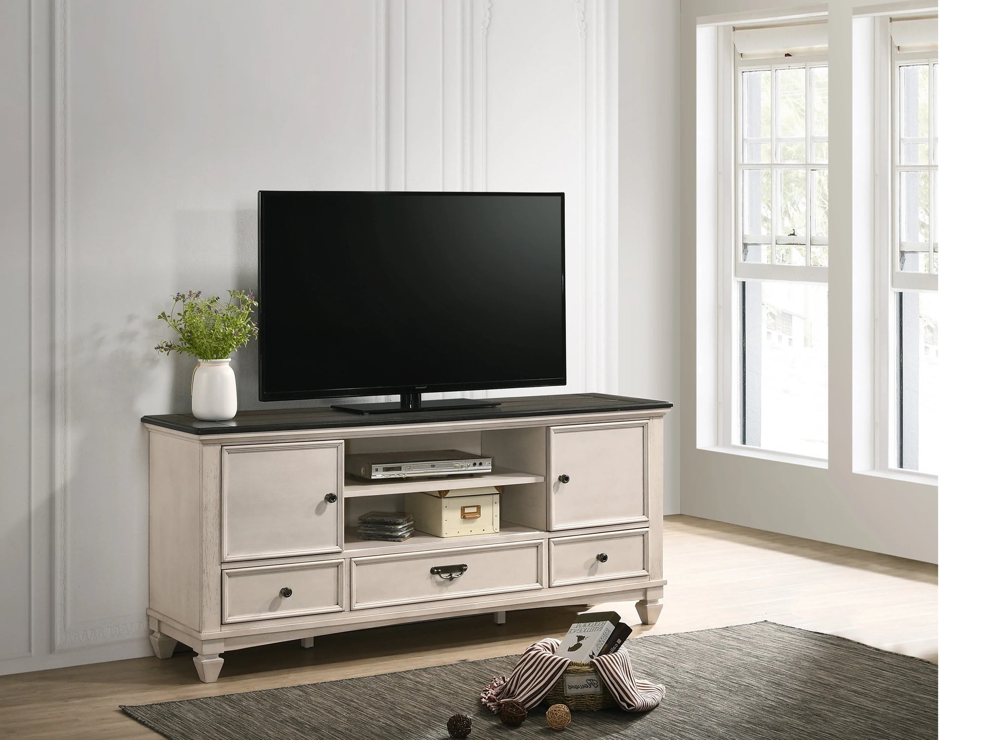 1pc Two-Tone Antique Finish 3 Drawers 2 Sliding Door Knob Pull Handle Vintage-inspired Metal Hardware Entertainment Console TV Stand