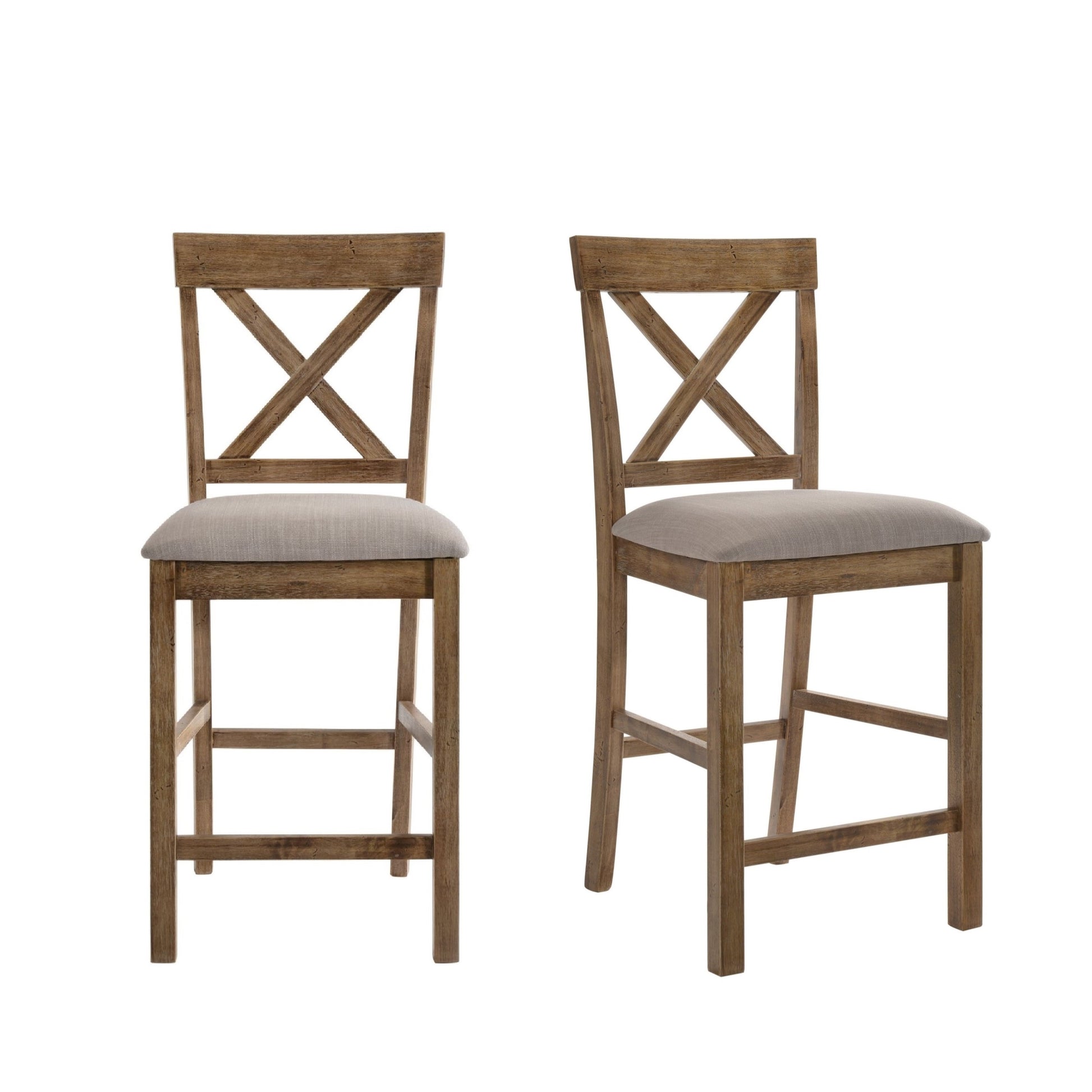 Contemporary Counter Height Chairs Set of 2 Upholstered Seat X-Back Classic Oak Finish Wooden Dining Furniture