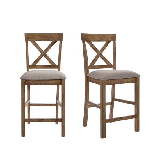 Contemporary Counter Height Chairs Set of 2 Upholstered Seat X-Back Classic Oak Finish Wooden Dining Furniture