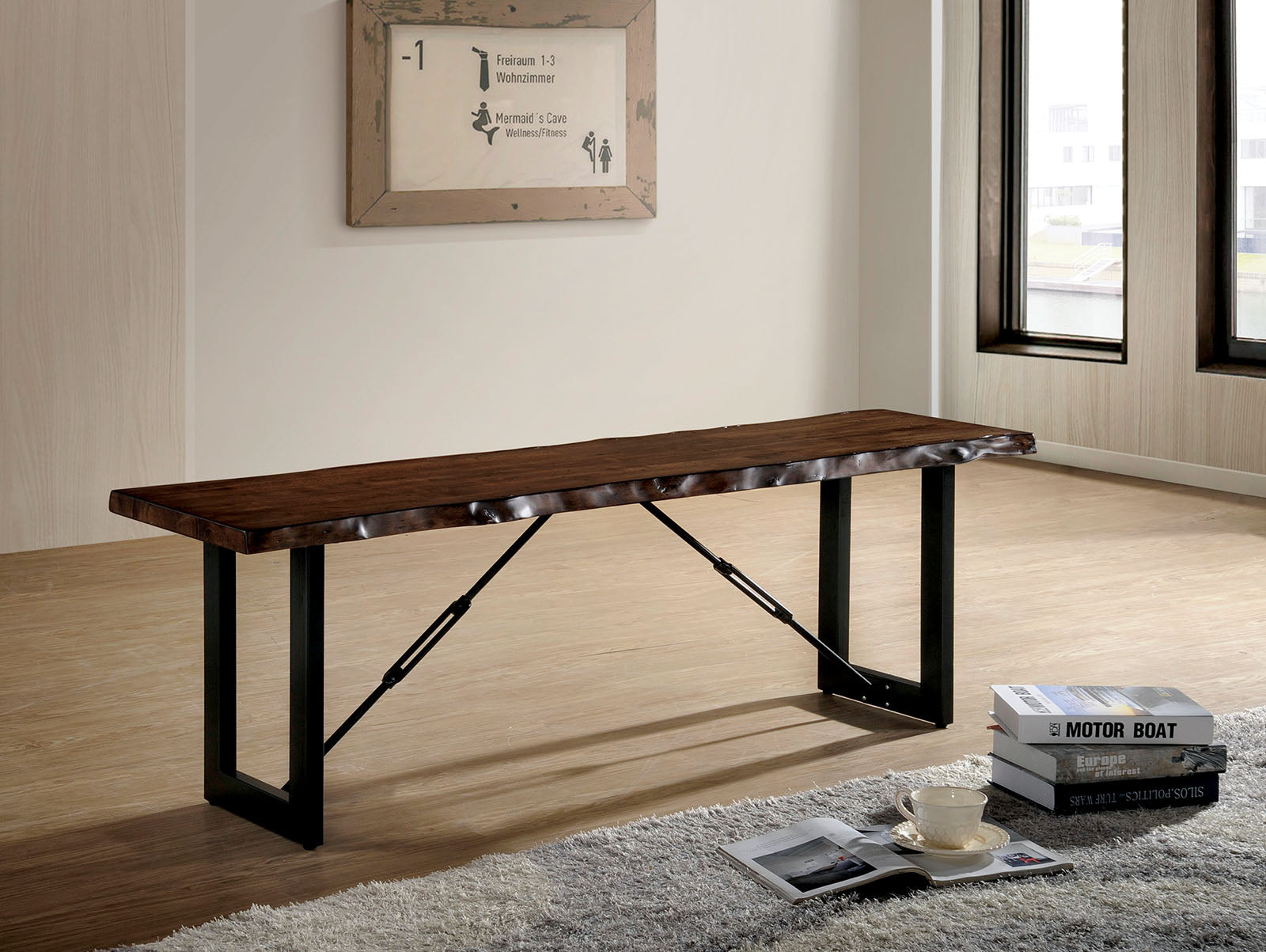 1pc Industrial Bench Two Tone Design U-shape Metal Bench Base Mimicking Chain Walnut And Black Finish