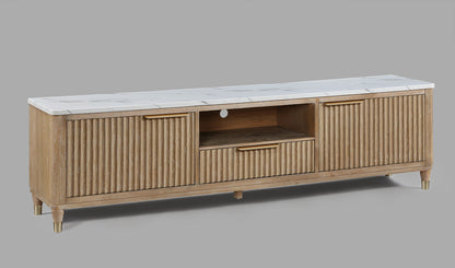 Modern White Faux Marble TV Stand - Natural Wood Finish for Living Room