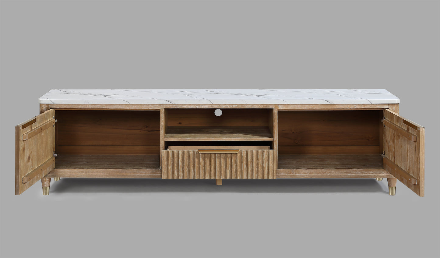 Modern White Faux Marble TV Stand - Natural Wood Finish for Living Room
