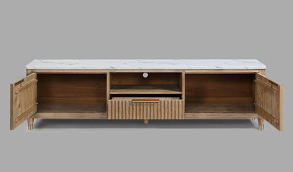Modern White Faux Marble TV Stand - Natural Wood Finish for Living Room