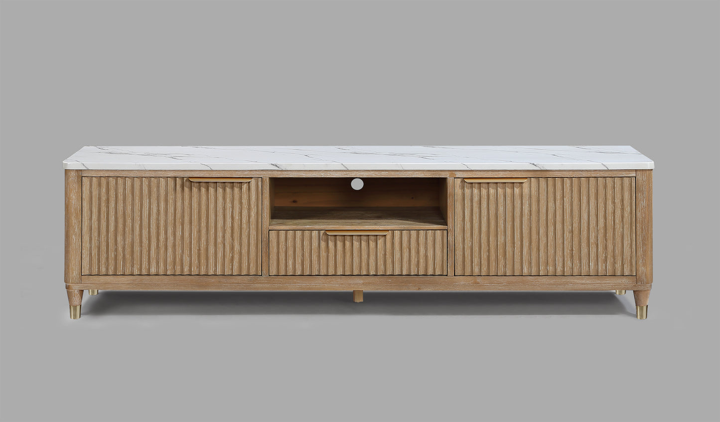 Modern White Faux Marble TV Stand - Natural Wood Finish for Living Room