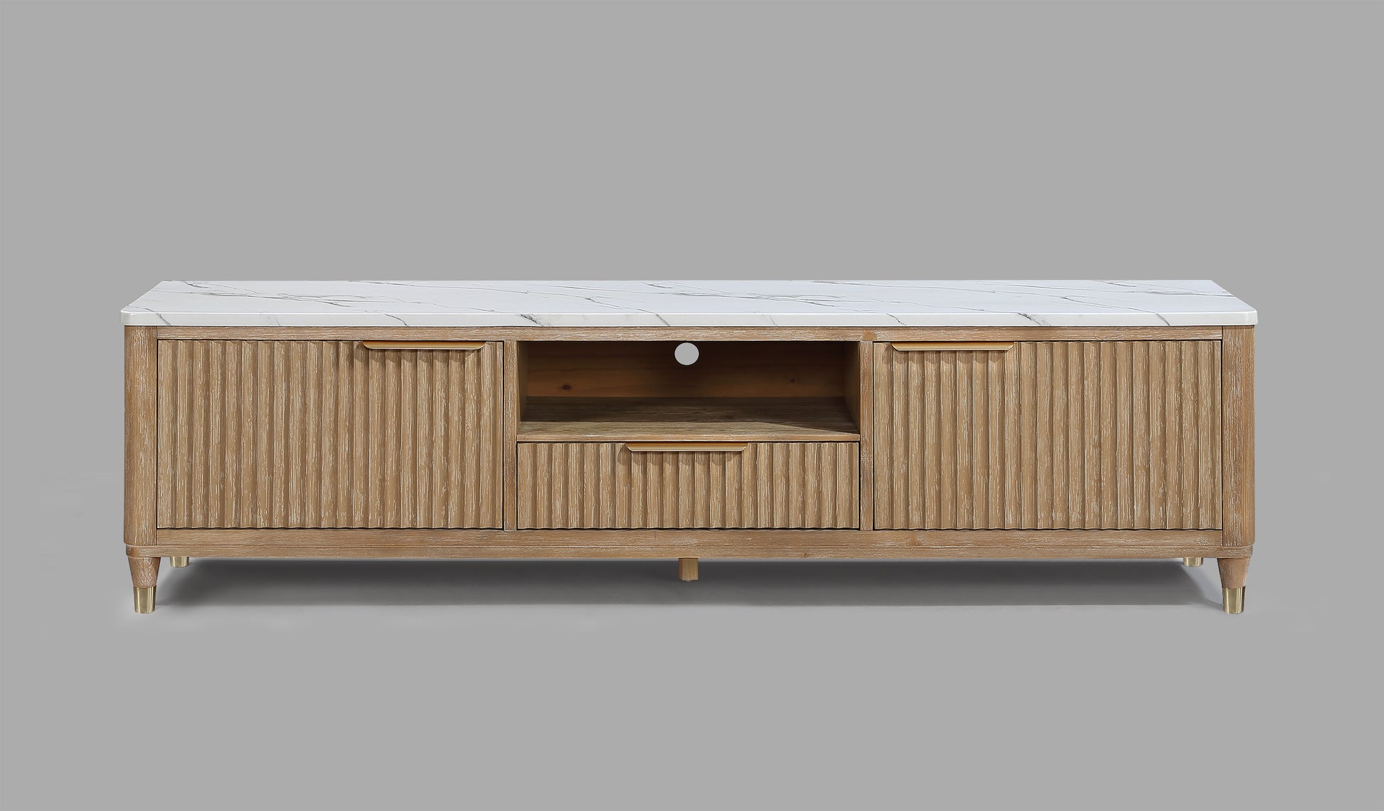 Modern White Faux Marble TV Stand - Natural Wood Finish for Living Room