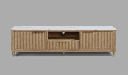 Modern White Faux Marble TV Stand - Natural Wood Finish for Living Room
