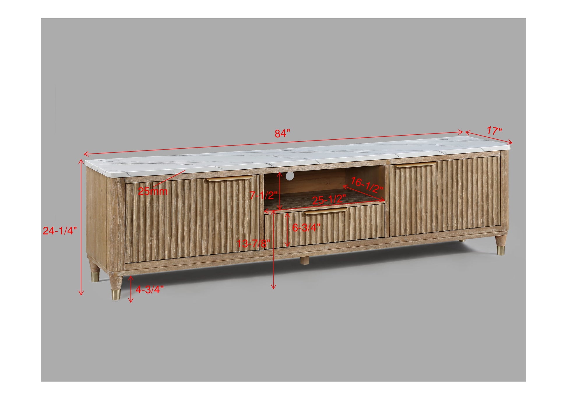Modern White Faux Marble TV Stand - Natural Wood Finish for Living Room