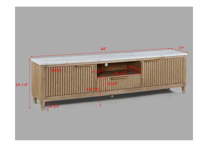 Modern White Faux Marble TV Stand - Natural Wood Finish for Living Room