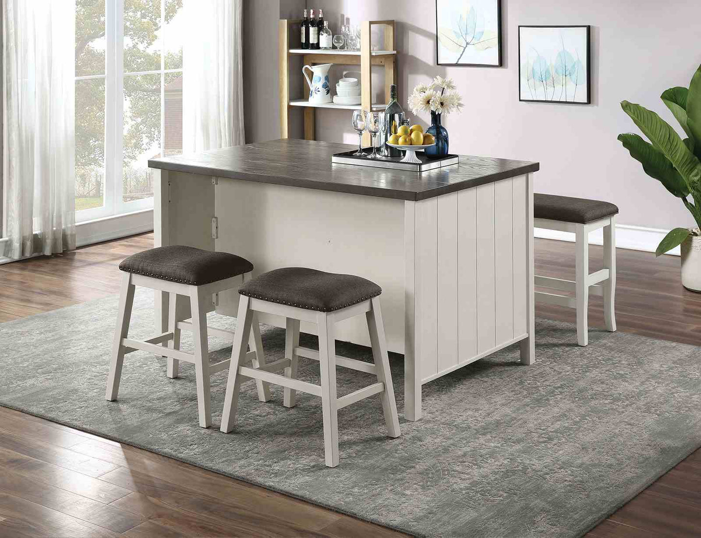 Set of 2 Counter Height Stools - Dark Gray & Off White Fabric